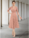 Blushing Pink Lace A-Line Tea-Length Dress with Sheer V-Neck