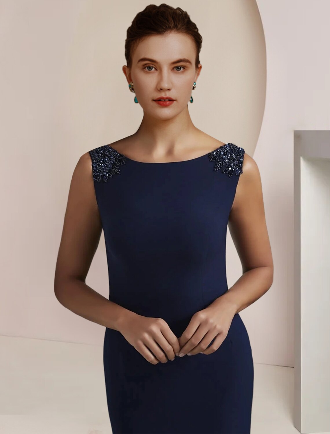 Dark Navy Floor-Length Sheath/column Dress with Beaded Shoulders & Cape Sleeves