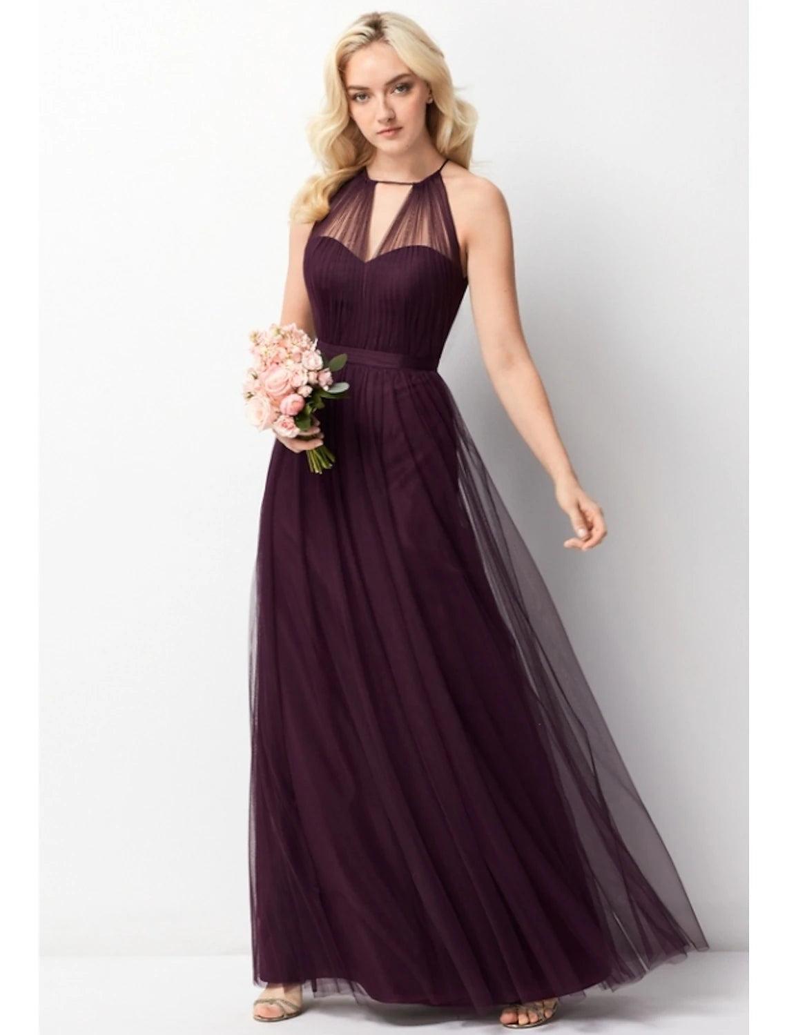Mulberry Tulle A-Line Floor-Length Bridesmaid Dress with Halter Neckline