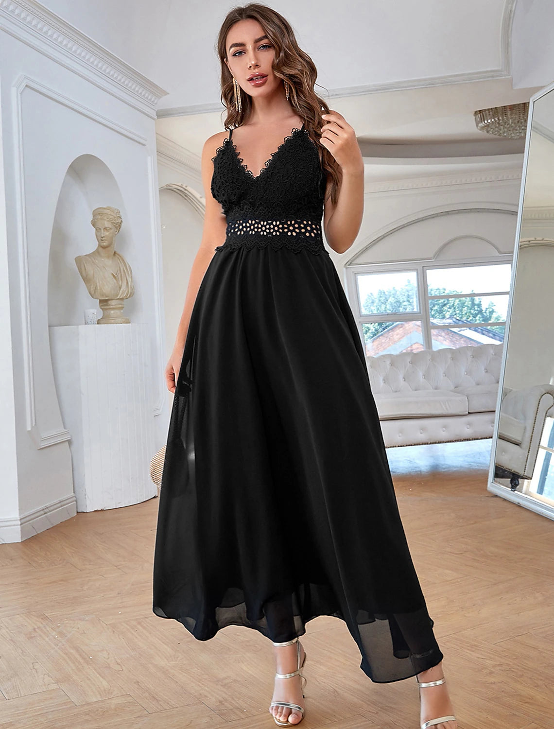 Black Chiffon A-Line V-Neck Floor-Length Evening Dress with Lace Bodice