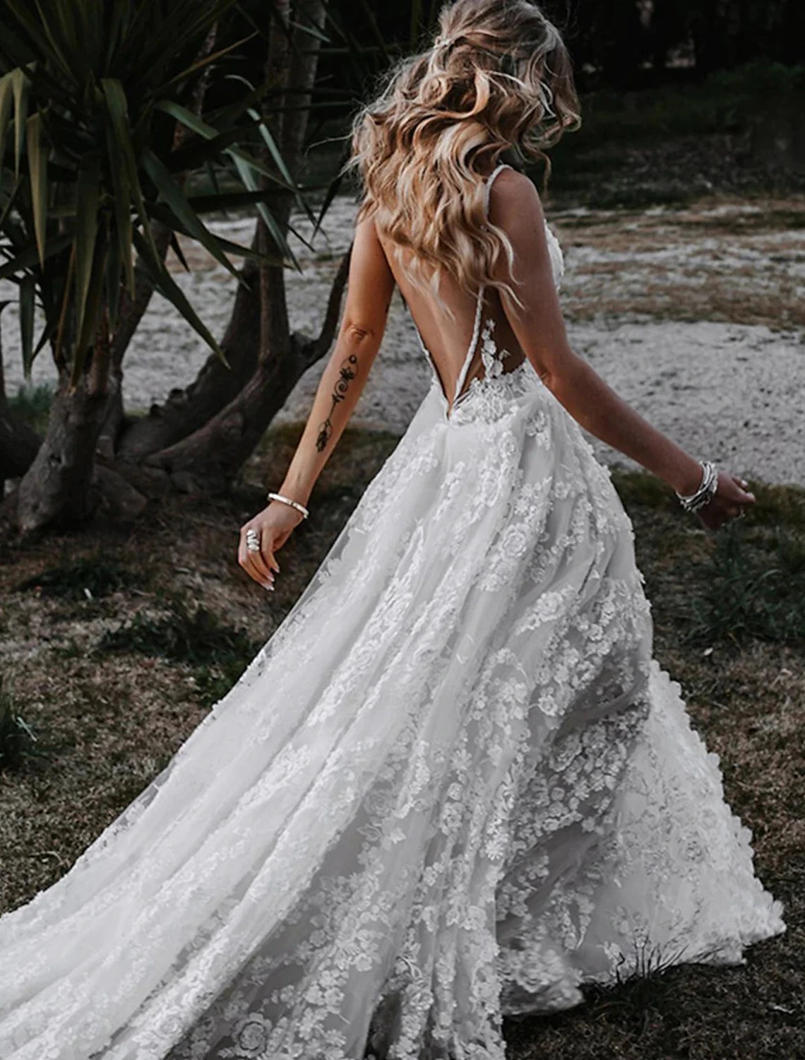 Ivory Lace A-Line Floor-Length Dress with Plunging V-Neck, High Slit & Floral Lace Appliques