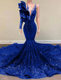 Vestido de fiesta de sirena, vestido de noche, vestido brillante y resplandeciente, vestido de compromiso, formal, de noche, cola de corte, manga larga, un hombro, con lentejuelas