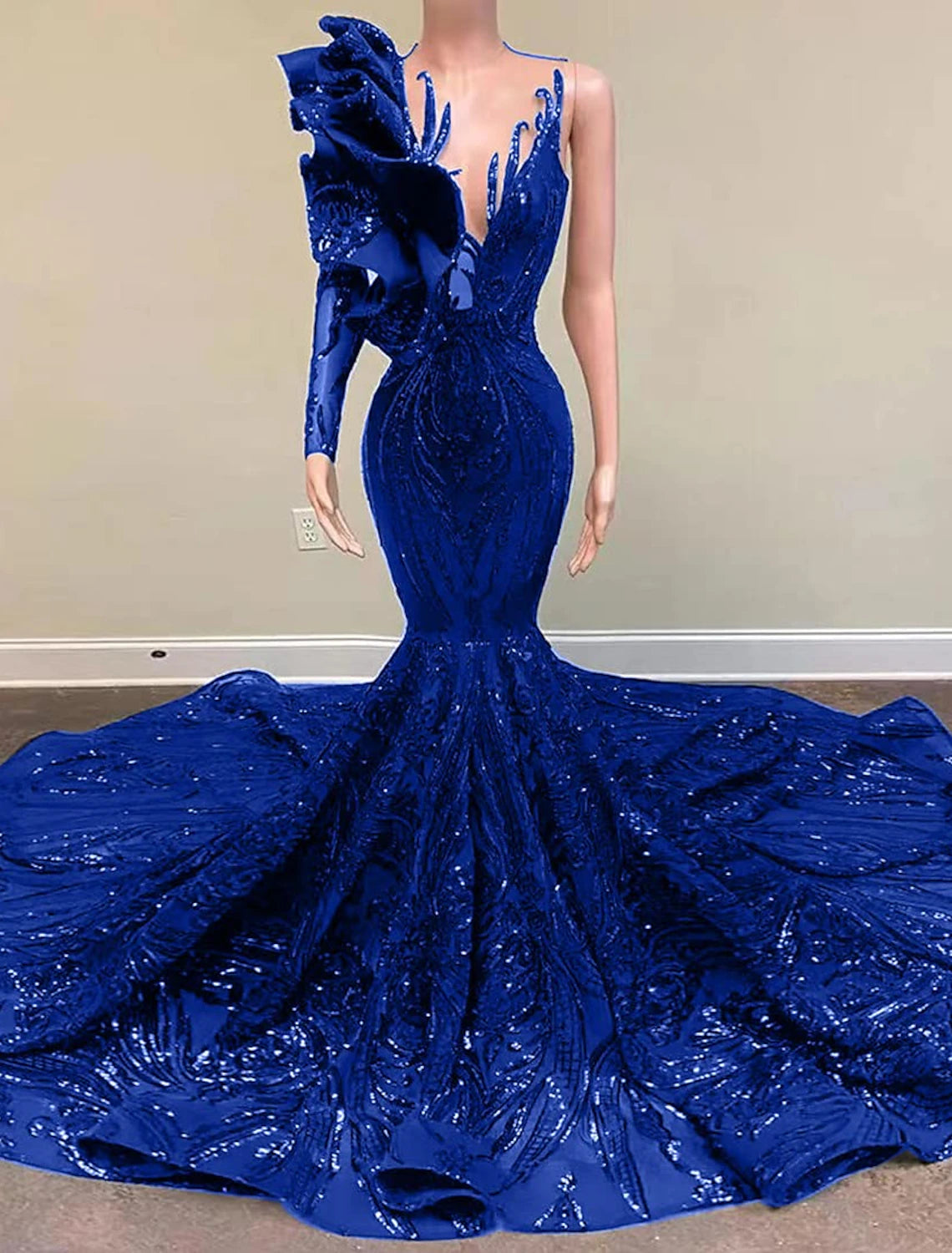 Vestido de fiesta de sirena, vestido de noche, vestido brillante y resplandeciente, vestido de compromiso, formal, de noche, cola de corte, manga larga, un hombro, con lentejuelas