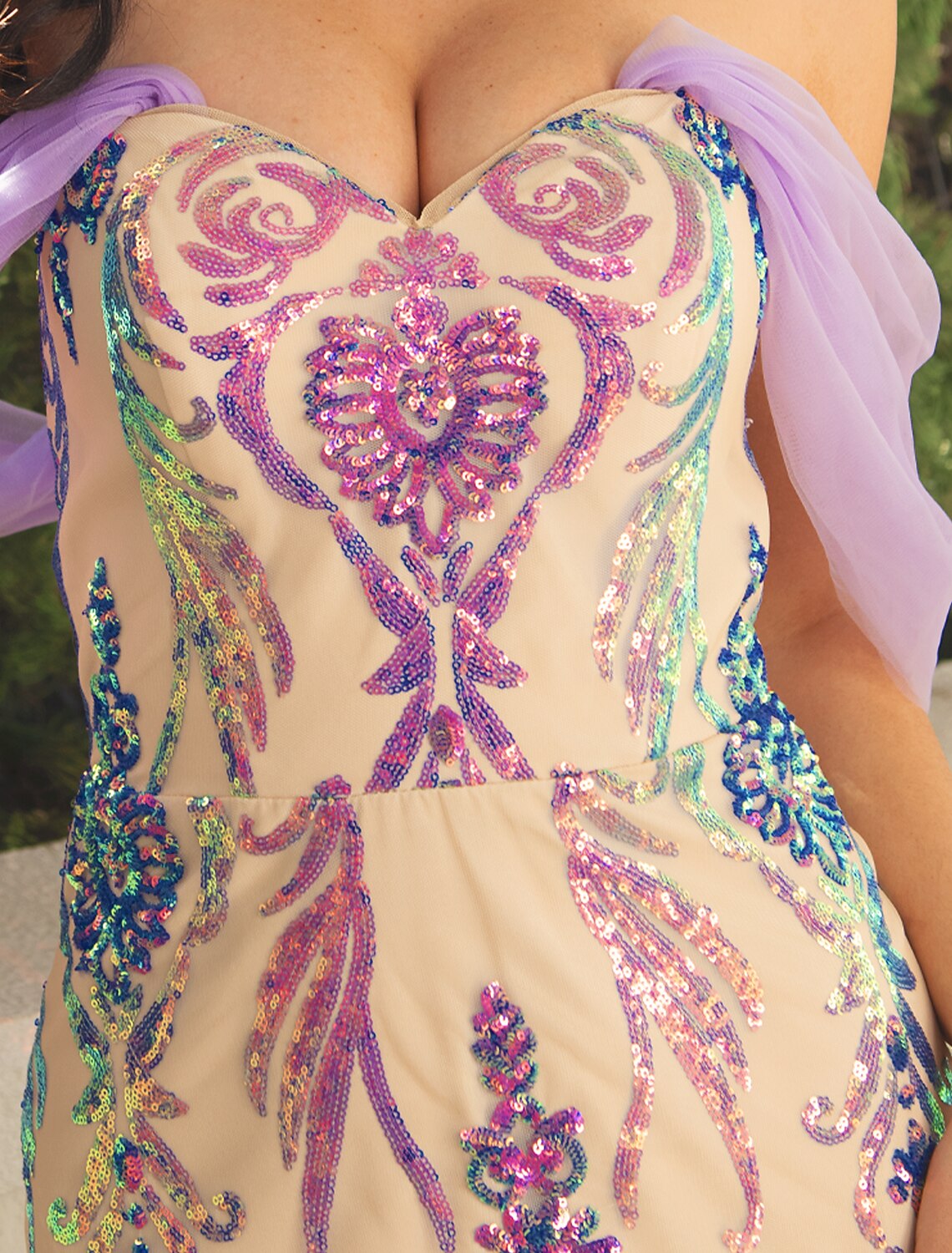 Lavender Sequin Tulle A-Line Sweetheart Floor-Length Dress with Sequin Embellished Bodice and Tulle Overskirt