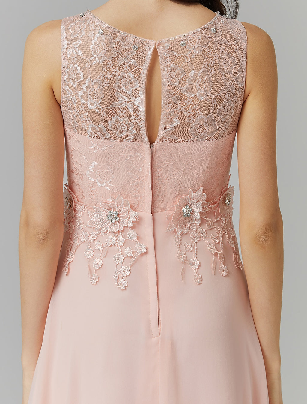 Blushing Pink Chiffon A-Line Floor-Length Dress with Lace bodice + Floral appliques and Scoop Neck | Jimiss