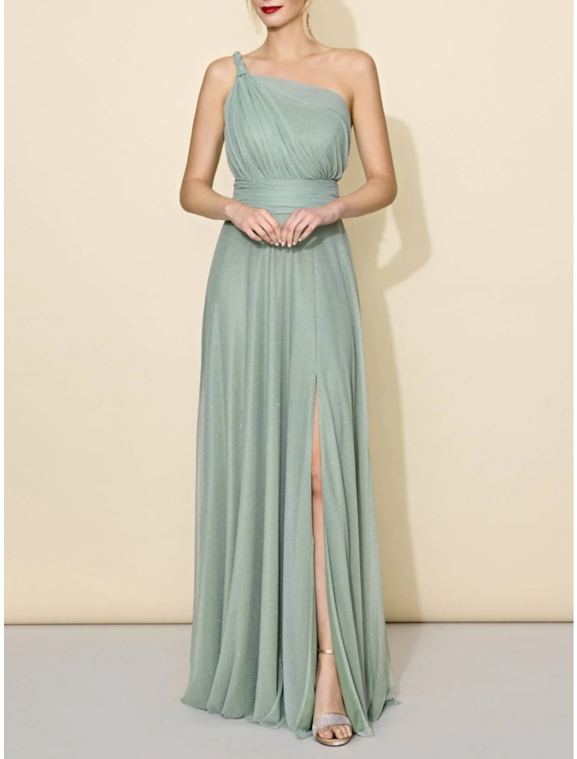Sage Green Tulle A-Line One Shoulder Floor-Length Bridesmaid Dress with High Slit