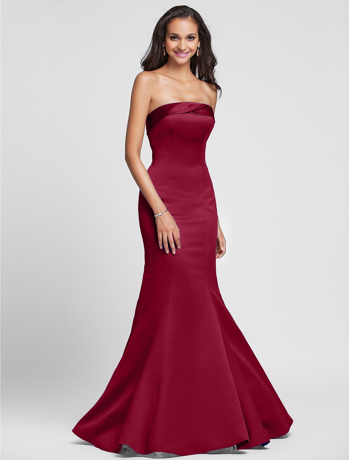 Mocha Satin Mermaid Floor-Length Dress with Draped Straight Neck