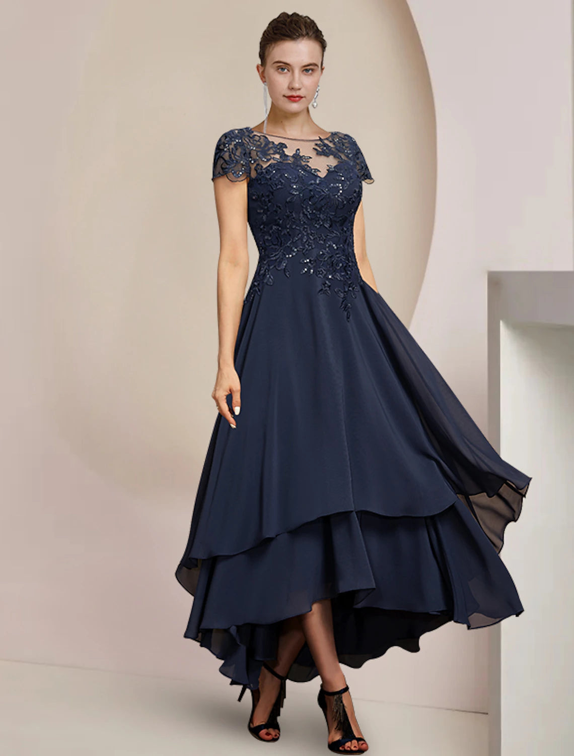 Dark Navy Chiffon A-Line Asymmetrical Evening Dress with Lace Bodice