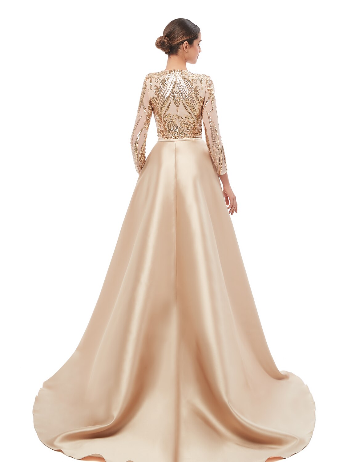 Vestido de noche formal elegante estilo sirena/trompeta, estilo vintage, con escote joya, manga larga y lentejuelas desmontables.