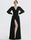 Vestido de noche elegante de corte A, vestido formal hasta el suelo, manga larga, cuello en V, gasa con abertura