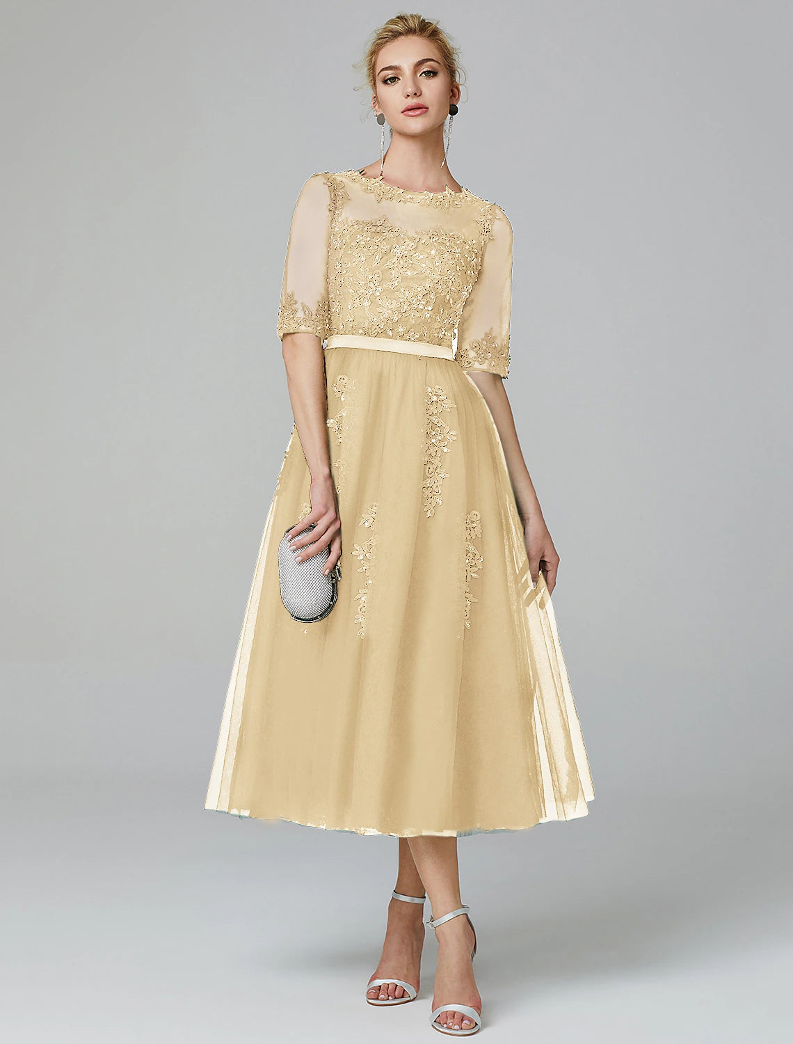 Vestido formal de noche con corte A y brillo, estilo Kentucky Derby, largo hasta la rodilla, sin mangas, cuello ilusión, para invitadas de boda de otoño, con encaje sobre tul y apliques de lentejuelas.