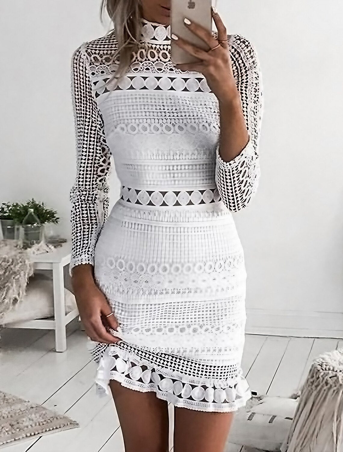White Lace Short High Neck Sheath/column Dress with Ruffled Hem
