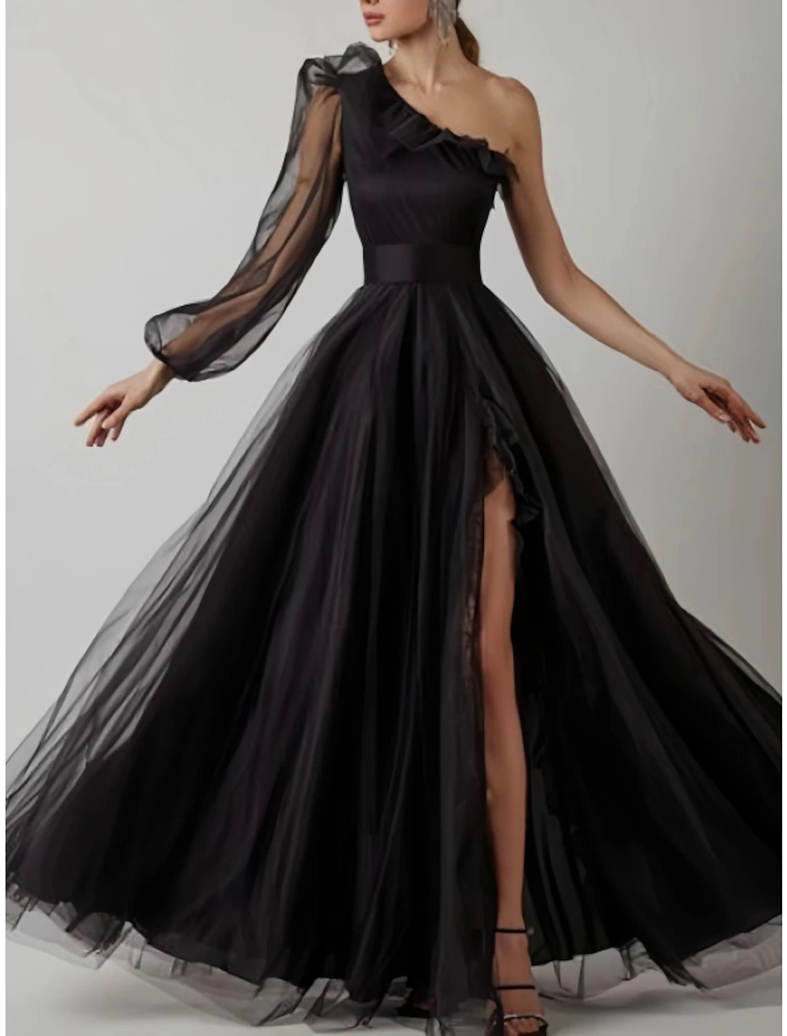 Sheath Prom Dress Elegant Black Dress Plus Size Evening Birthday Floor Length Long Sleeve One Shoulder Tulle with Pleats Ruffles Slit 2025