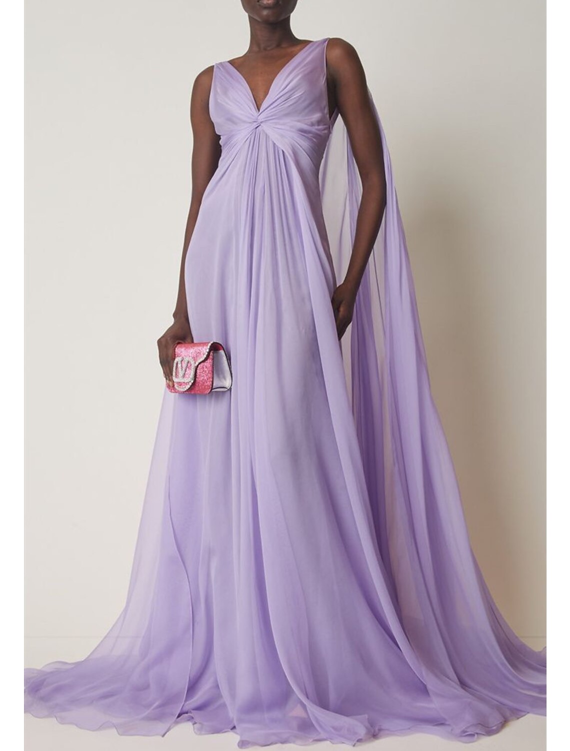 Abito da sera a trapezio, elegante, formale, da invitato a nozze, con strascico a ruota, senza maniche, scollo a V, mantelle in chiffon con arricciature, 2025