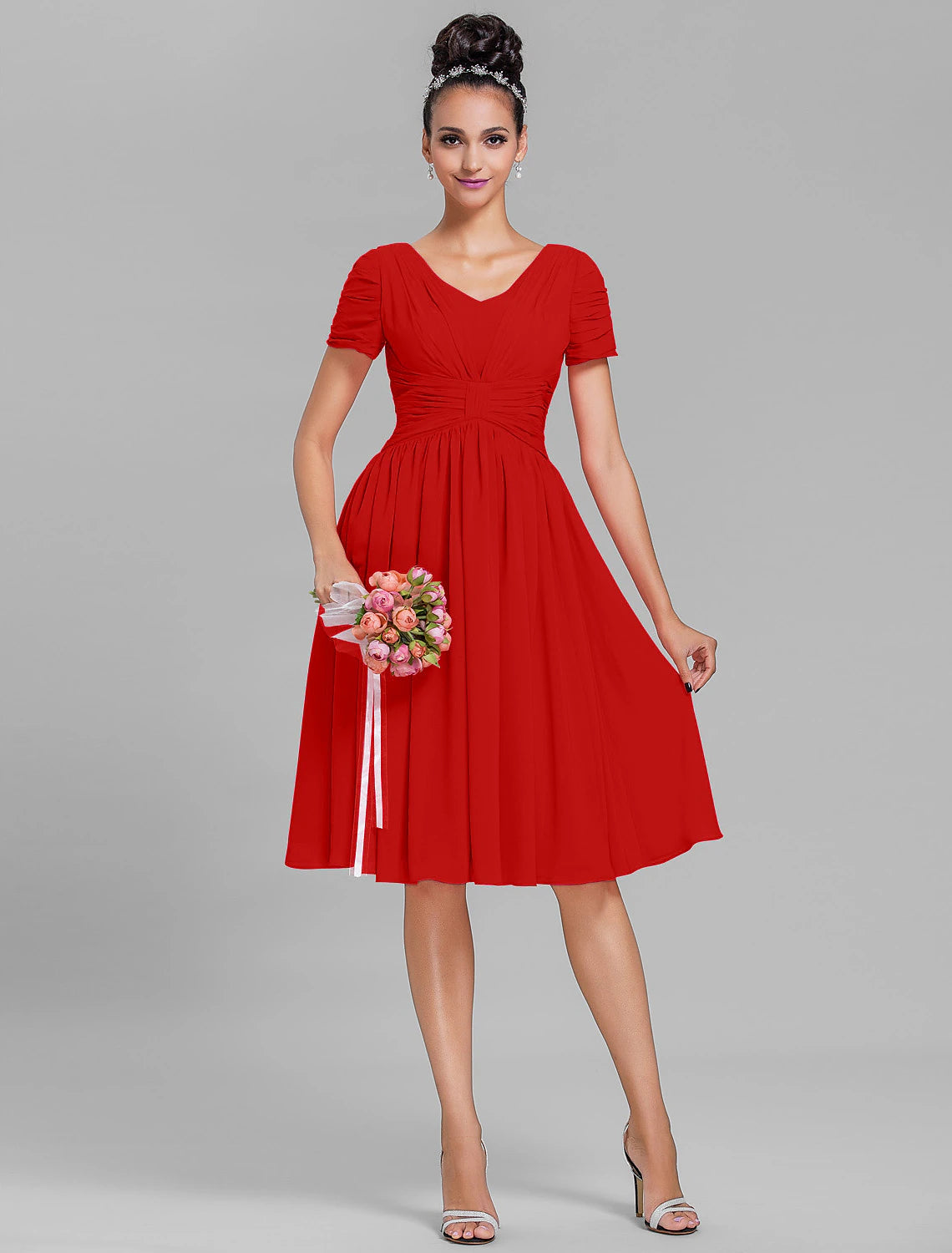 Coral V-Neck Ruched Chiffon A-Line Knee-Length Bridesmaid Dress
