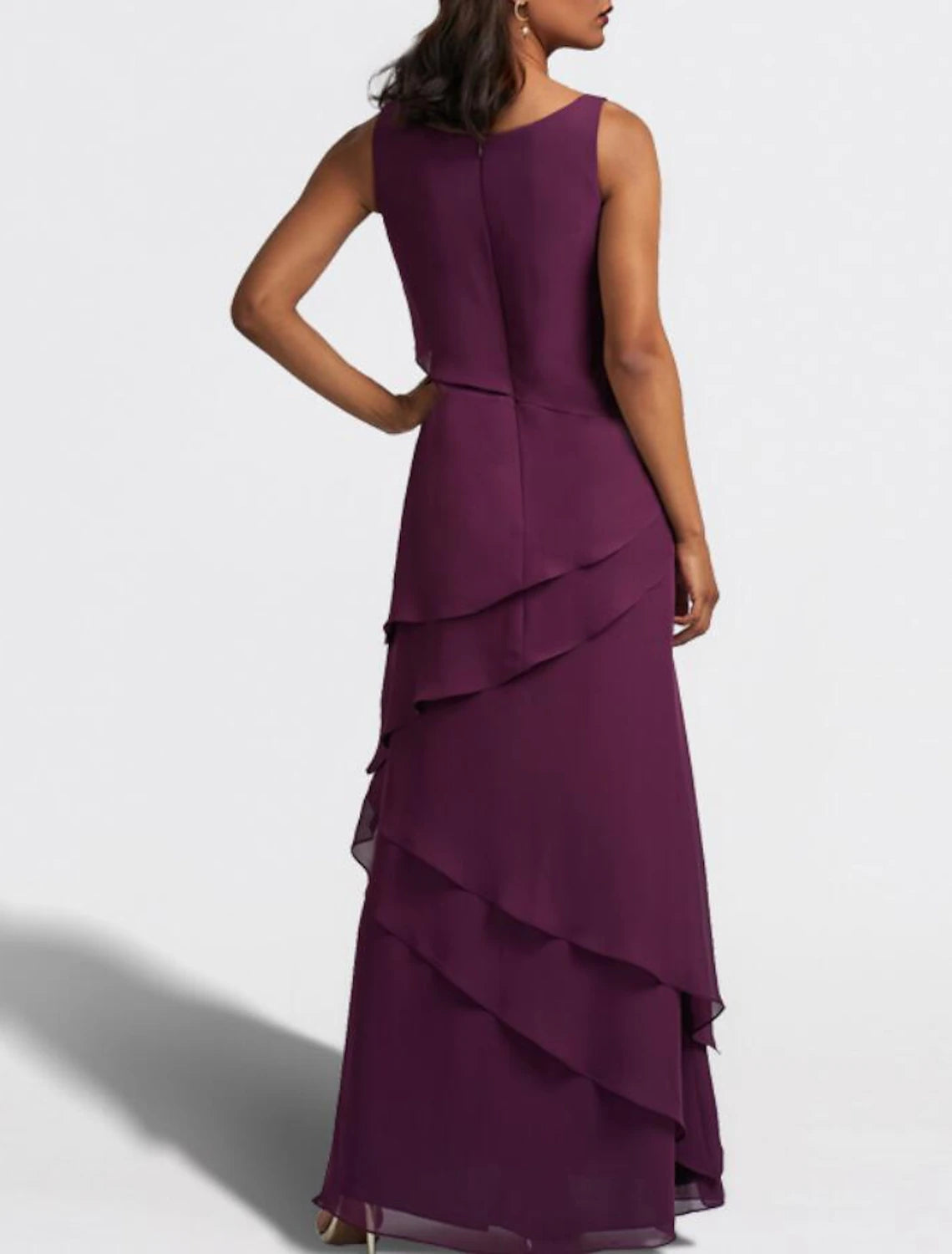Abito da cerimonia per la madre della sposa in due pezzi, a trapezio, elegante, con scollo gioiello, lunghezza pavimento, in chiffon, senza maniche, con volant a cascata, tinta unita