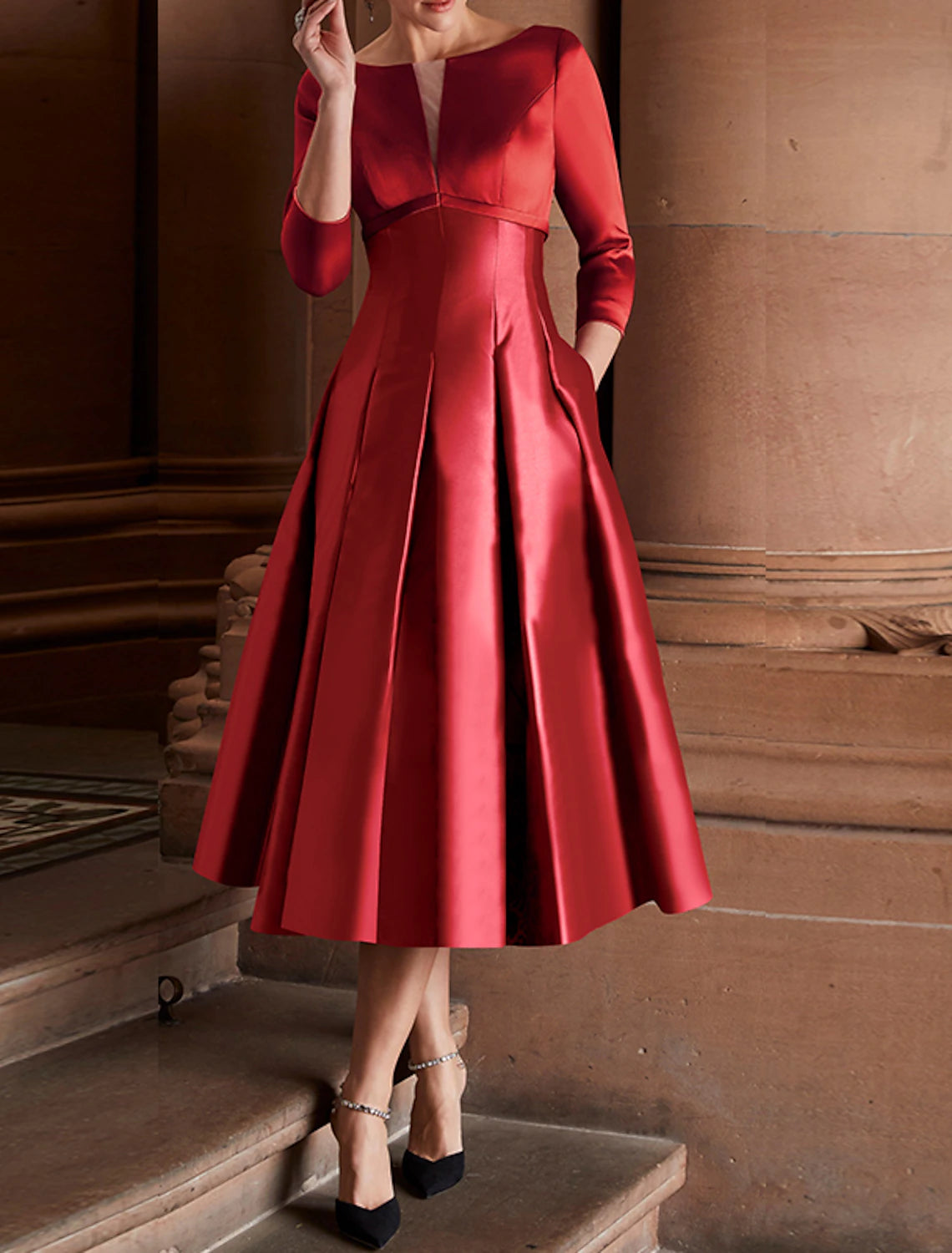 A-Line Cocktail Dresses Minimalist Dress Christmas Red Green Dress Wedding Guest Tea Length 3/4 Length Sleeve Jewel Neck Fall Wedding Guest Satin with Pleats 2025