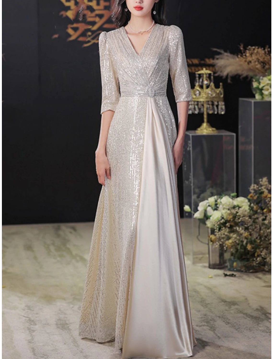 Silver Sequin Satin A-Line Floor-Length Evening Dress with V-Neck