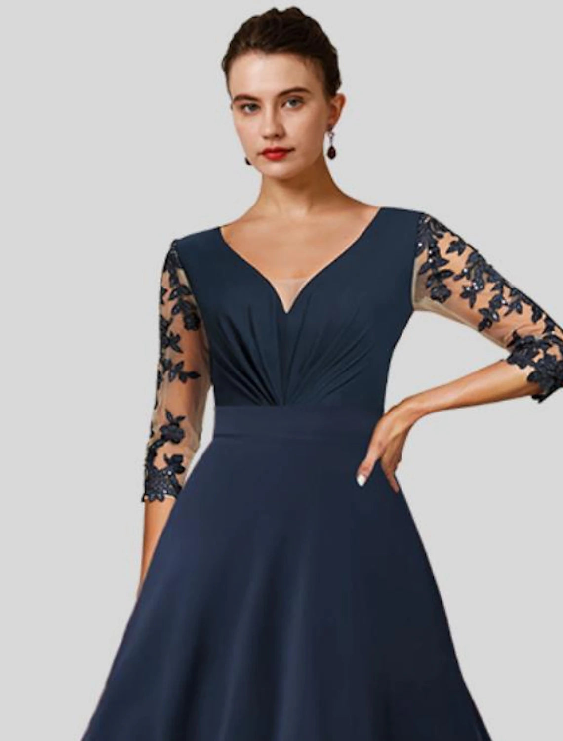 Dark Navy Chiffon A-Line High-Low Dress with Embroidered Sleeves & V-Neck
