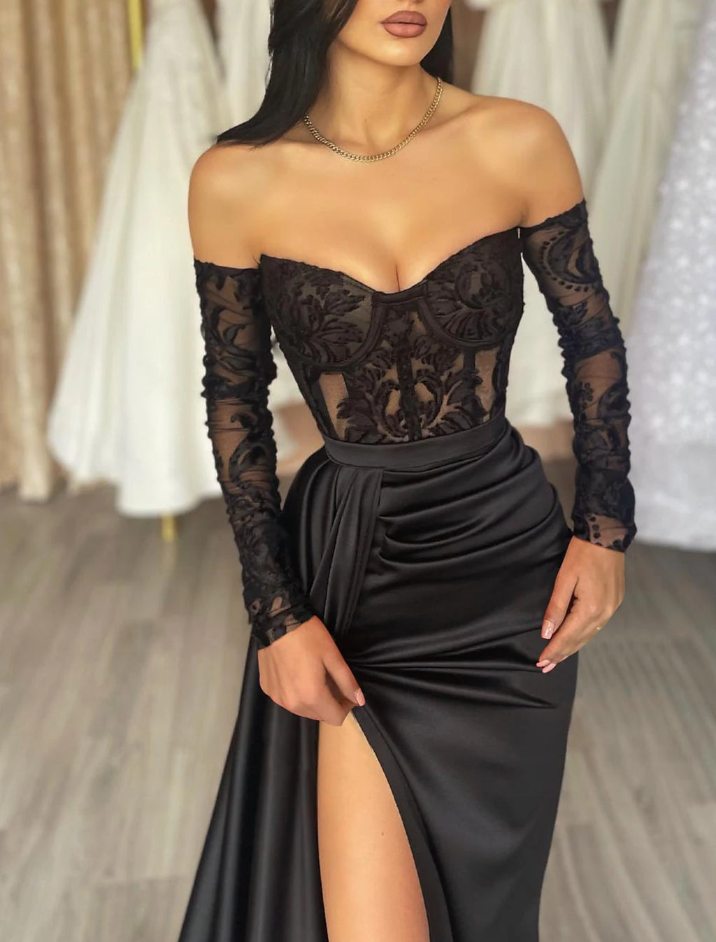 Black Satin Lace Sheath/Column Floor-Length Dress with Off-the-Shoulder Sweetheart Neckline and High Slit