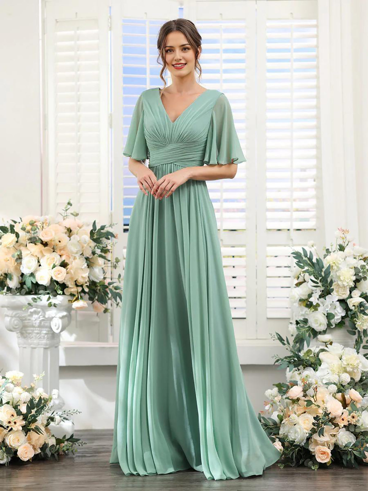 Mint Green Chiffon A-Line Floor-Length Bridesmaid Dress | V-Neck, Ruched Bodice & High Slit