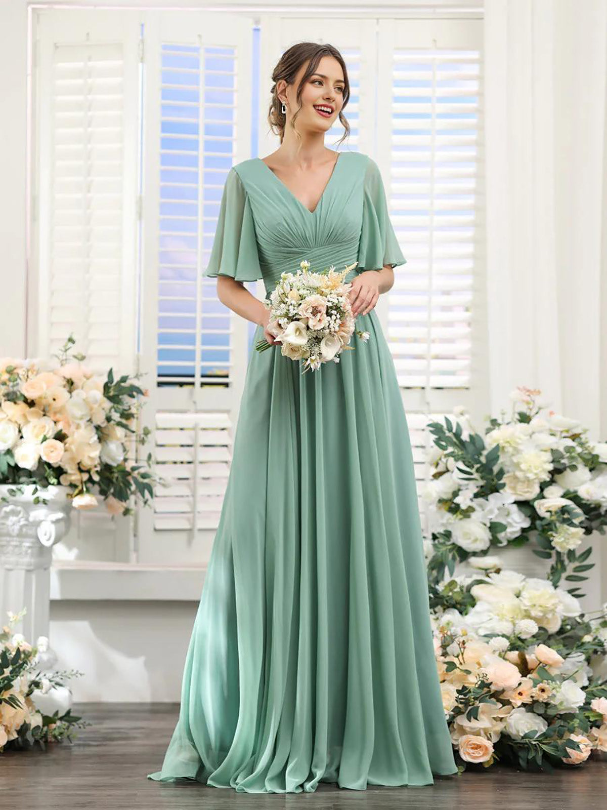 Dusty Sage Ruched Bodice Flutter Sleeves A-Line Floor-Length Bridesmaid Dress