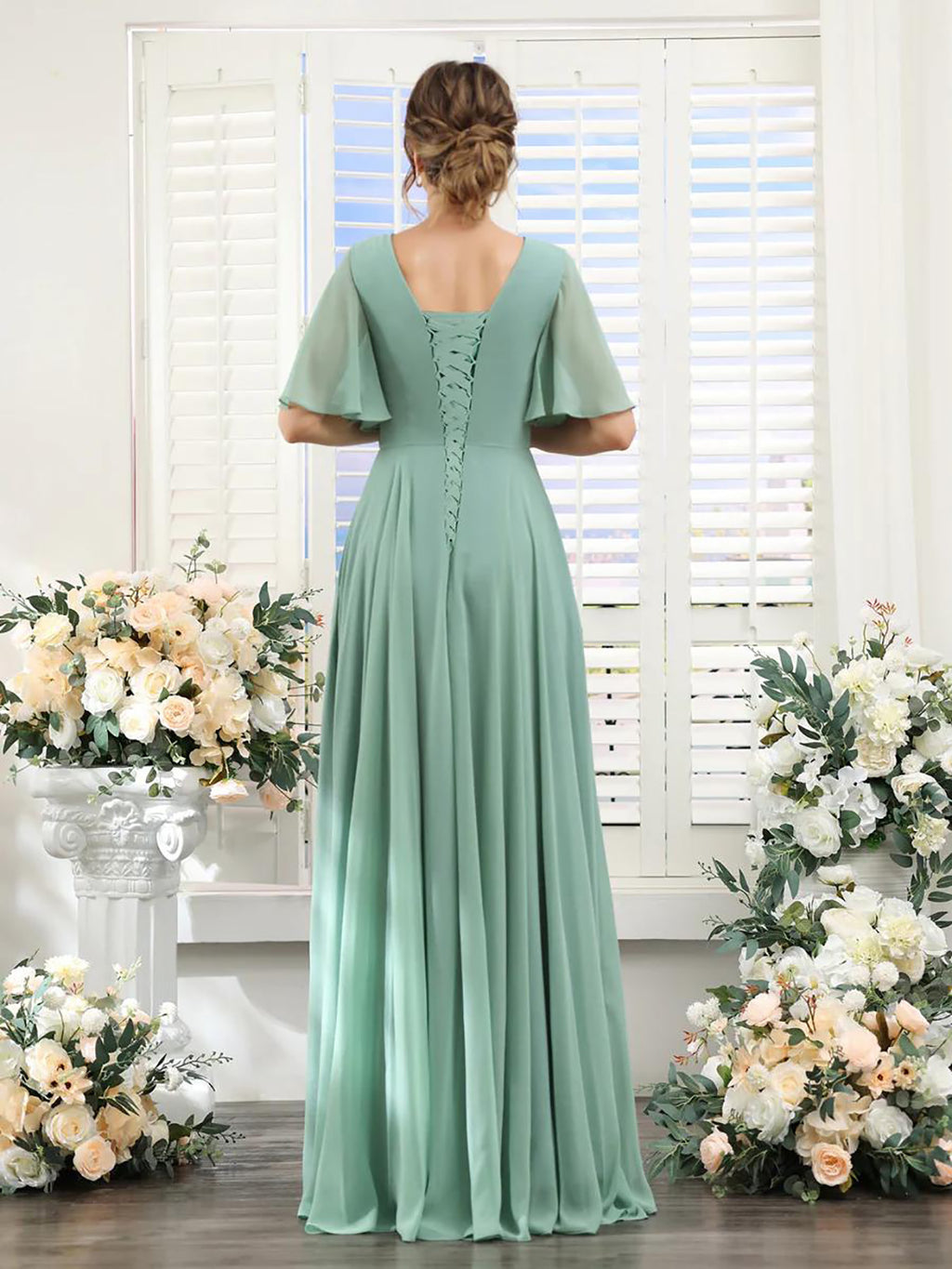 Mint Green Chiffon A-Line Floor-Length Bridesmaid Dress | V-Neck, Ruched Bodice & High Slit