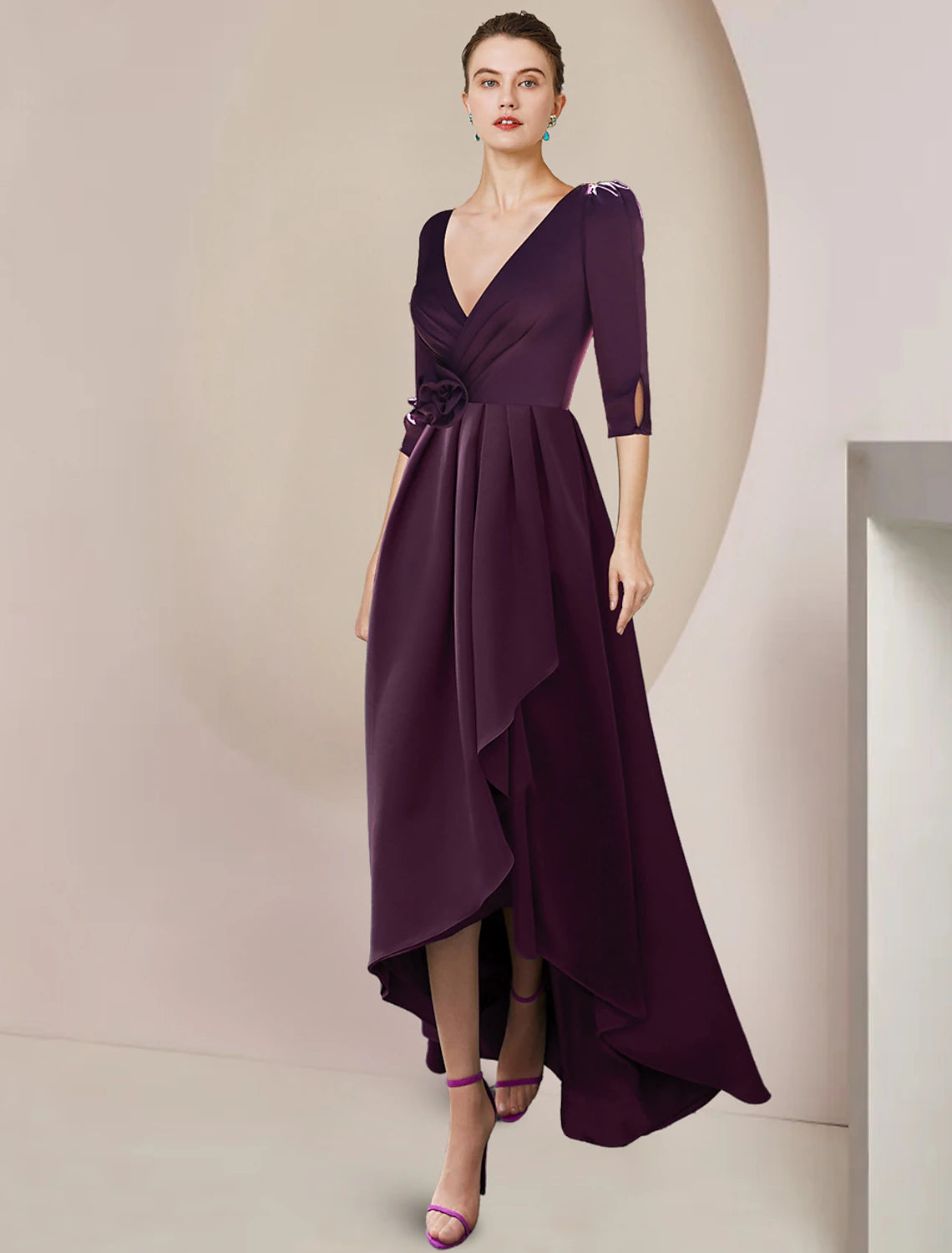 A-Line Mother of the Bride Dress Wedding Guest Elegant High Low V Neck Tea Length  Chiffon 3/4 Length Sleeve with Appliques Flower