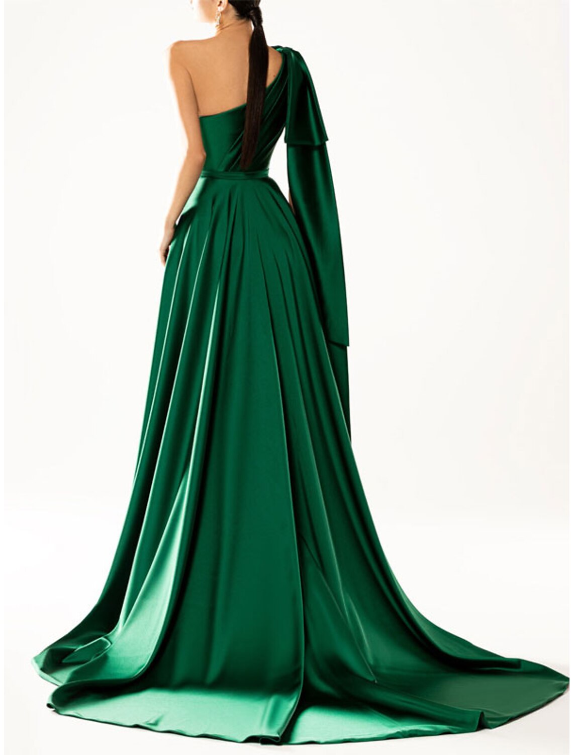 Abito da sera a trapezio, elegante, da festa, da invitata a nozze, con strascico, senza maniche, monospalla in nylon con fiocco/i