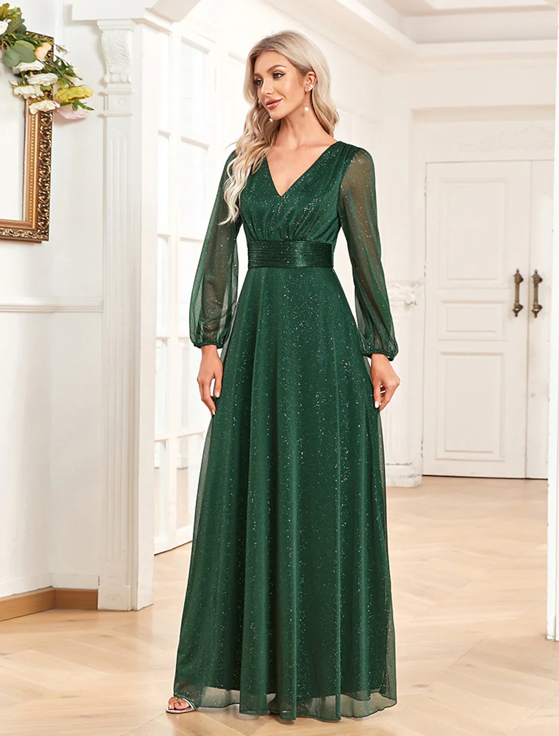 Forest Green Chiffon A-Line Floor-Length Dress with V-Neck, Bishop Sleeves & Back Zip