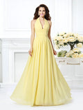Soft Yellow Chiffon A-Line Halter Sleeveless Open Back Long Bridesmaid Dress