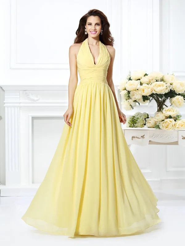 Soft Yellow Chiffon A-Line Halter Sleeveless Open Back Long Bridesmaid Dress