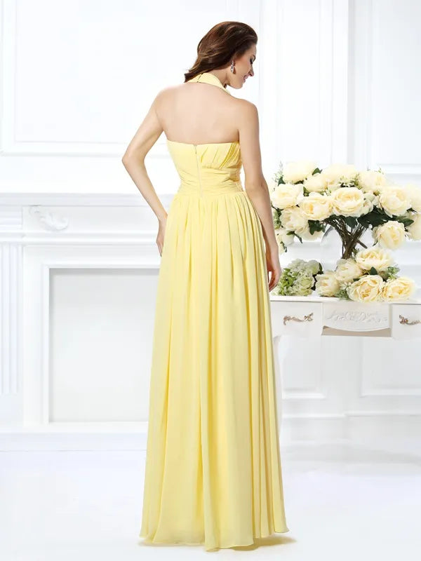 Soft Yellow Chiffon A-Line Halter Sleeveless Open Back Long Bridesmaid Dress