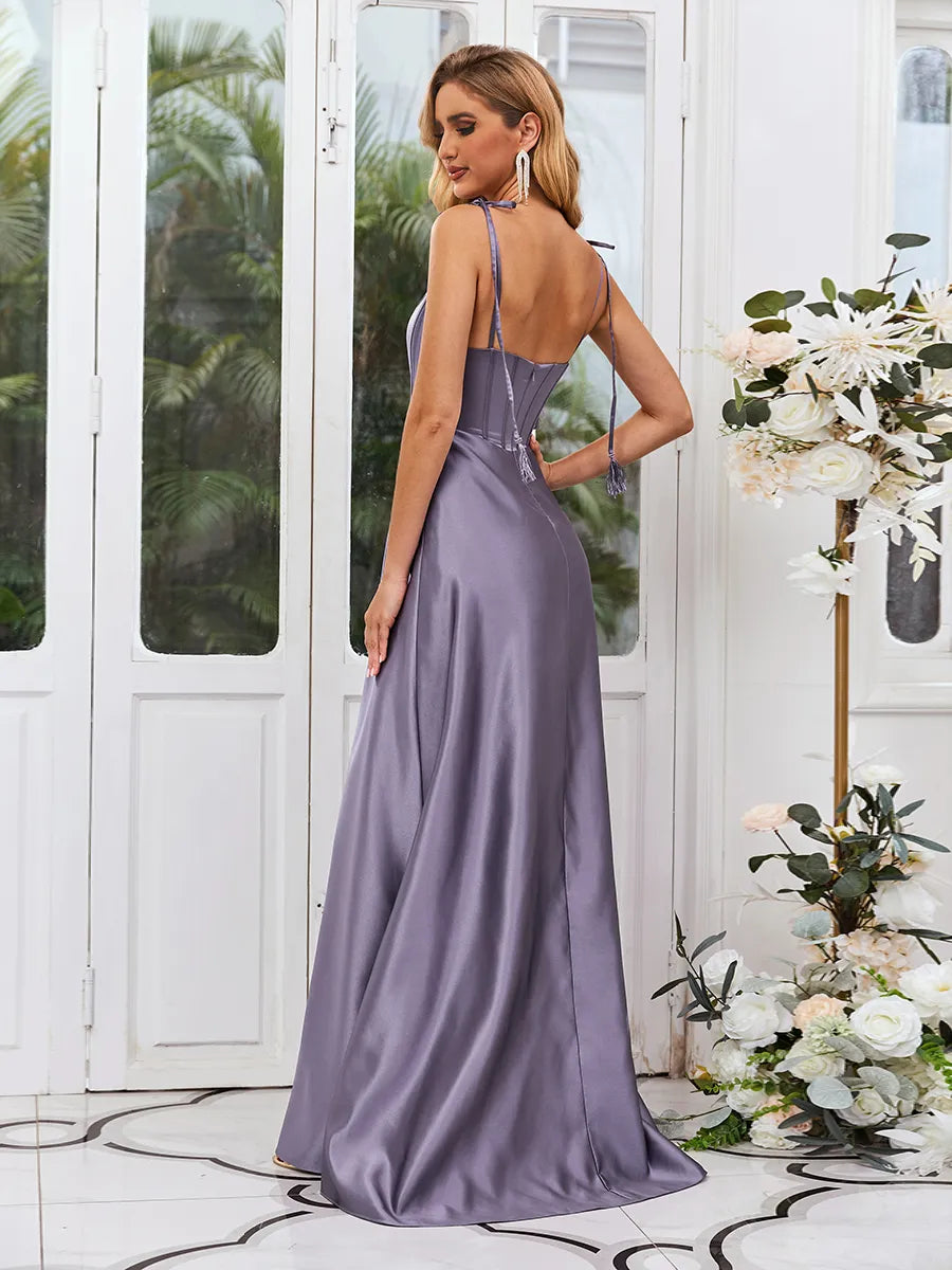 Elegant Dusty Purple Satin A-line Square Neck Strap Open Back Long Bridesmaid Dress