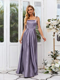 Elegant Dusty Purple Satin A-line Square Neck Strap Open Back Long Bridesmaid Dress