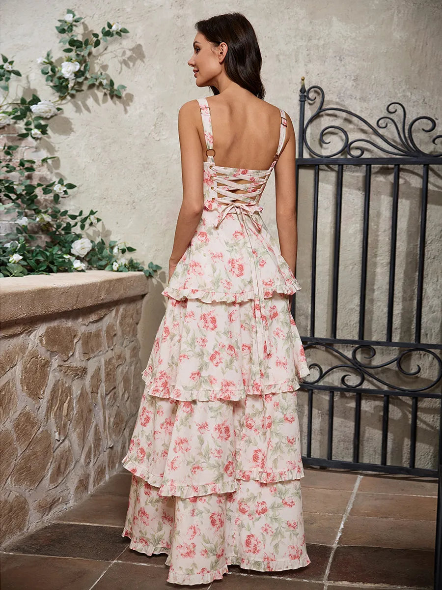 Romantic Floral Chiffon A-Line Square Neck Strap Lace Up Back Slit Homecoming Dress