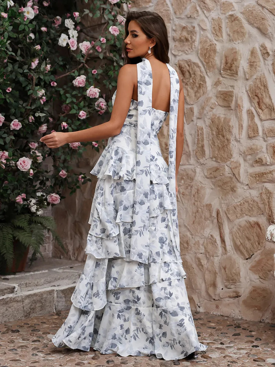 Elegant White Floral Chiffon A-Line Strapless Halter Open Back Tiered Long Homecoming Dress