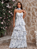 Elegant White Floral Chiffon A-Line Strapless Halter Open Back Tiered Long Homecoming Dress