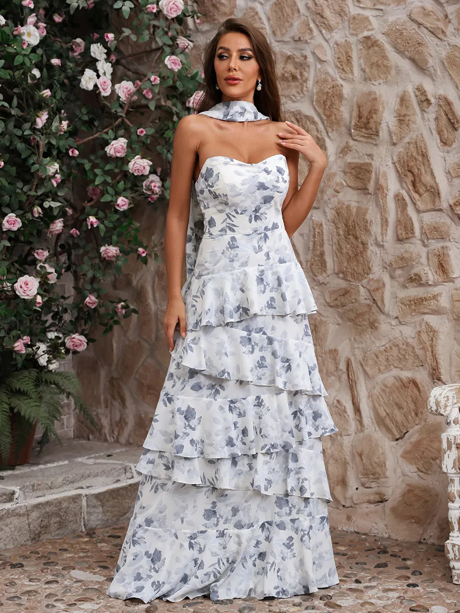 Elegant White Floral Chiffon A-Line Strapless Halter Open Back Tiered Long Homecoming Dress