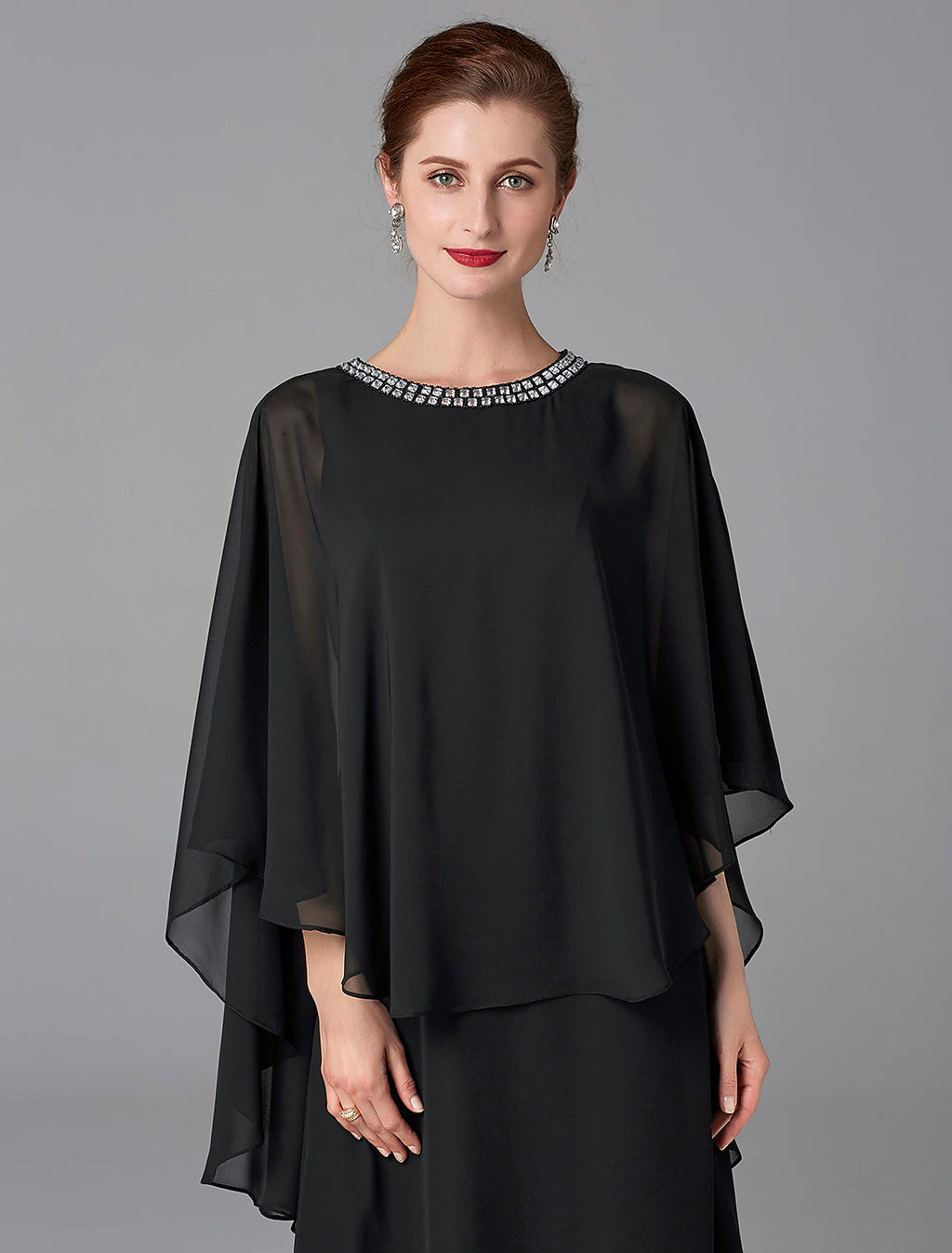 Black Chiffon A-Line Floor-Length Evening Dress with Embellished Scoop Neck and Cape Overlay