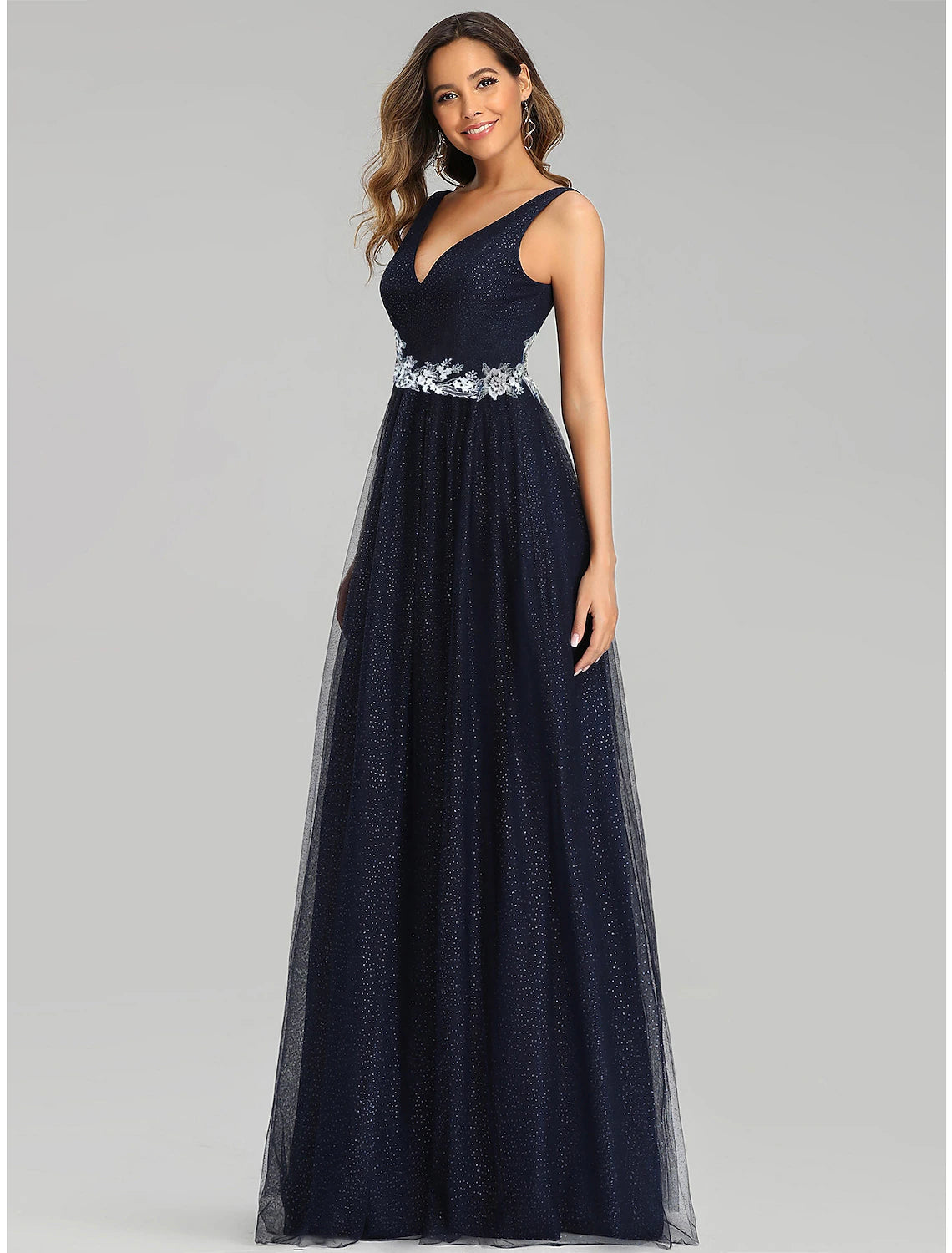 Abiti da ballo a trapezio, stile impero, per invitati a nozze, lunghezza al pavimento, senza maniche, scollo a V, in tulle con applicazioni di paillettes