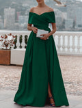 Emerald Off-the-Shoulder A-Line Satin Bridesmaid Dress