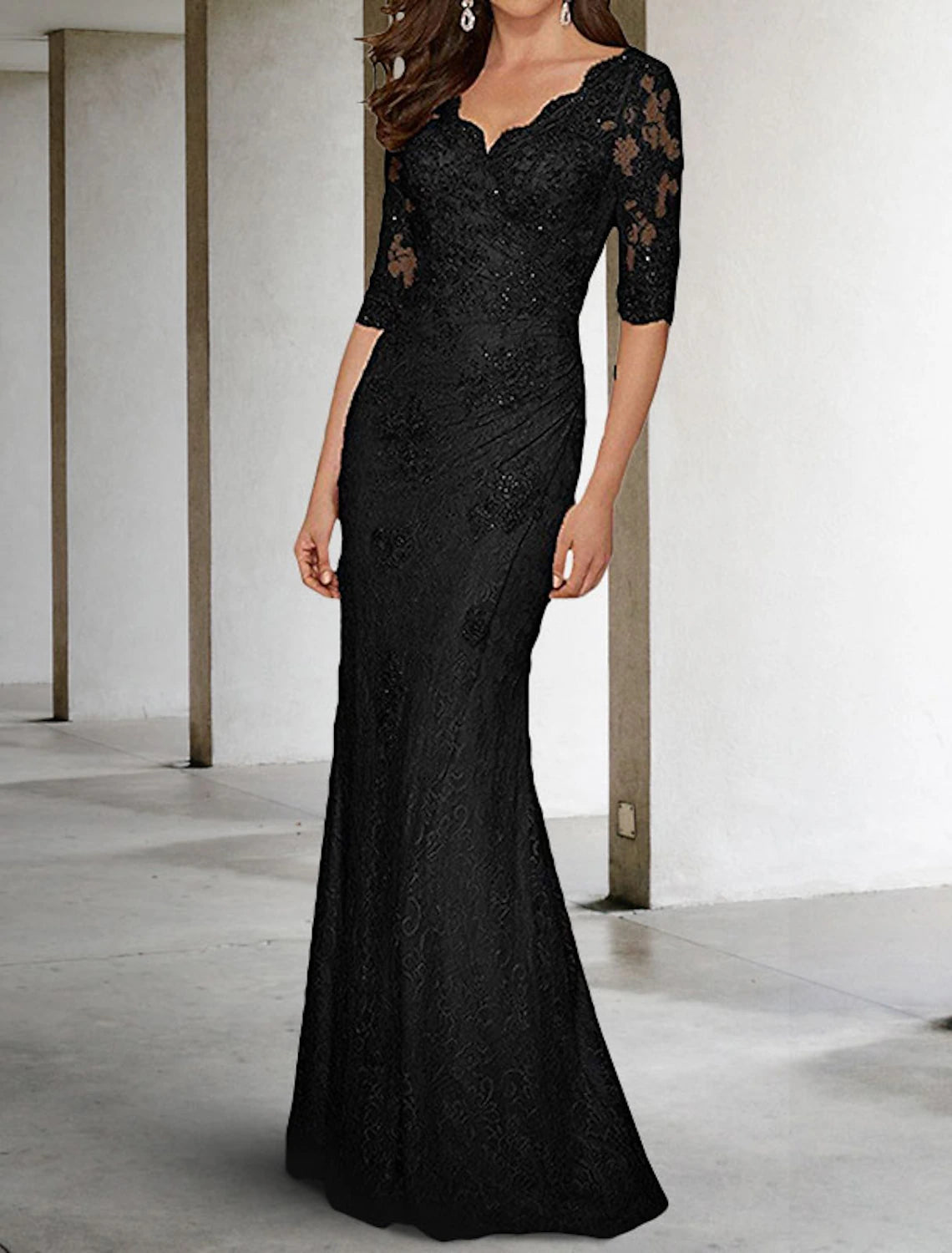Abito da sposa a sirena/tromba, per la madre della sposa, taglie forti, sexy, scollo a V, strascico a ruota, in chiffon, pizzo, mezza manica con applicazioni in pizzo, autunno