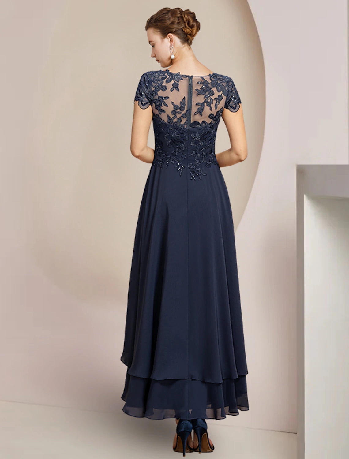 Dark Navy Chiffon A-Line Asymmetrical Evening Dress with Lace Bodice