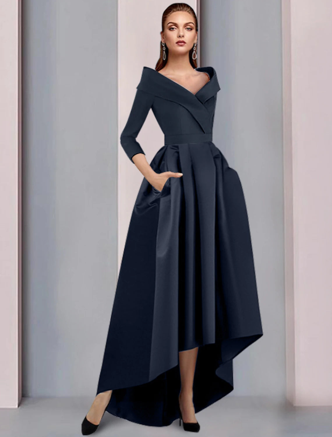 Dark Navy Satin Off-the-Shoulder A-Line High-Low Evening Dress