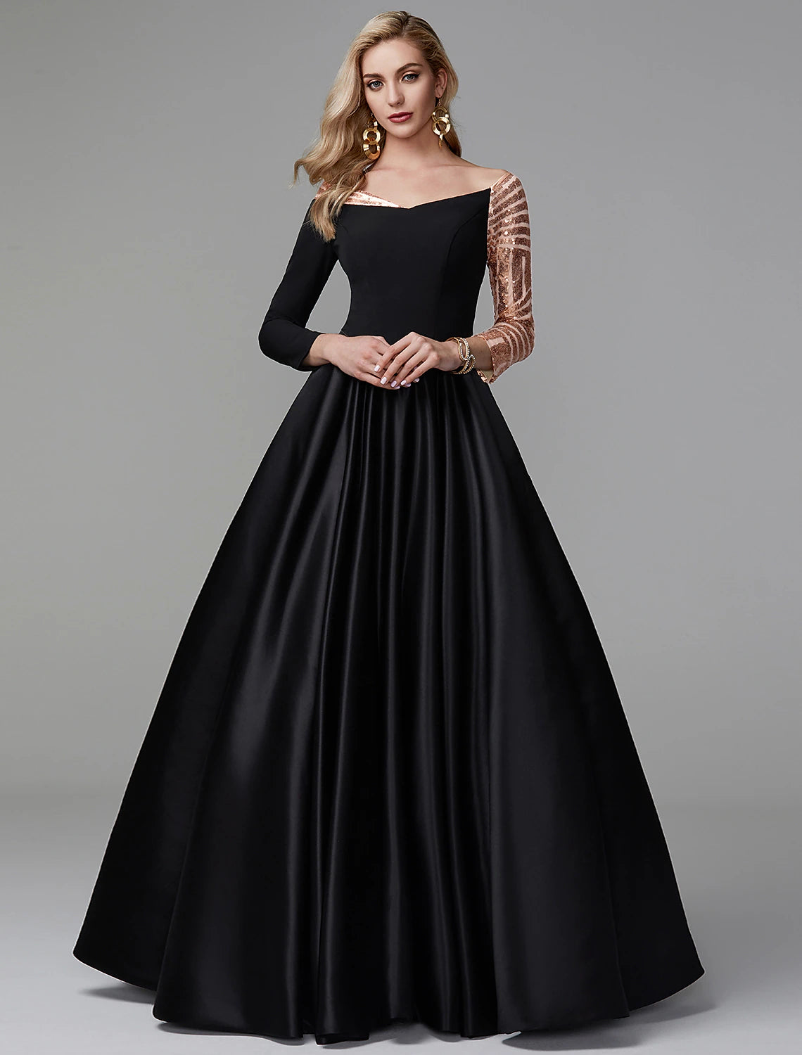 Ball Gown Black Dress Vintage Quinceanera Formal Evening Floor Length Long Sleeve Off Shoulder Satin with Sequin 2025