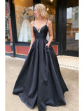 Black Satin A-Line Floor-Length Dress with Beaded V-Neck & Pockets for Prom & Formal Events