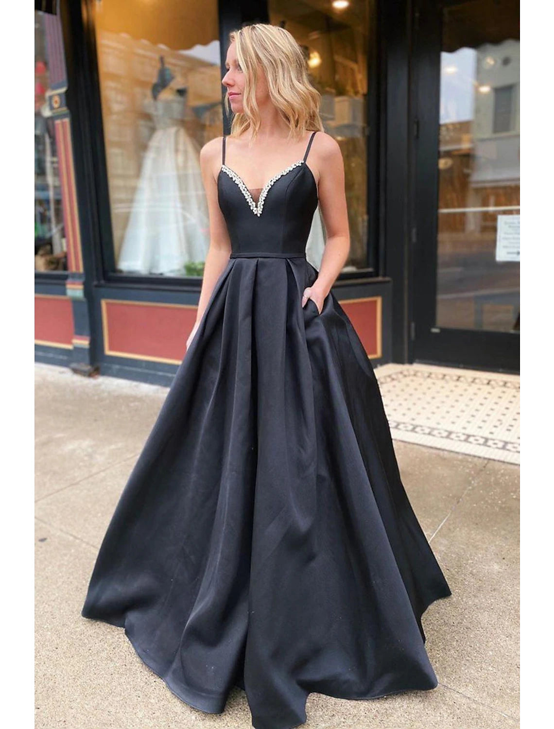 Black Satin A-Line Floor-Length Dress with Beaded V-Neck & Pockets for Prom & Formal Events