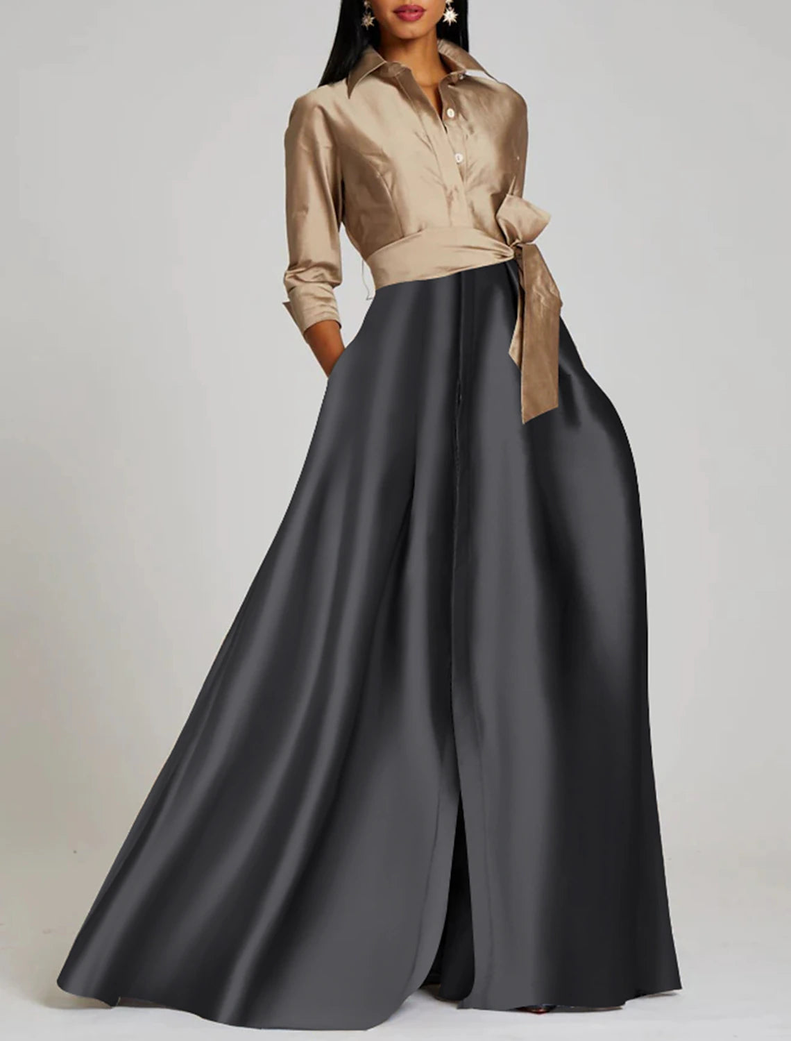 Vestido de noche elegante de corte A, formal, largo hasta el suelo, manga 3/4, cuello camisero, satén con abertura y tiras