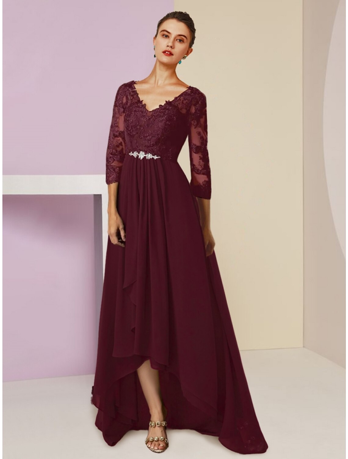 Burgundy Lace V-Neck A-Line High-Low Evening Dress